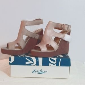 Lucky Brand Gray Wedge Leather Upper, Suede Heel Buckle Back, size 10